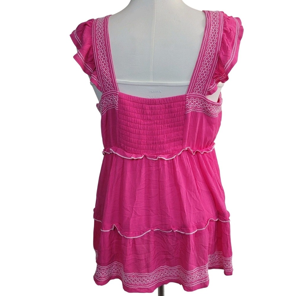 Torrid Babydoll Top Womens 1X Pink Embroidered Ruffle Tiered Smocked Back Gauze - Picture 2 of 5